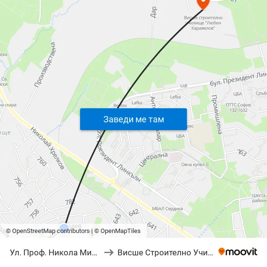 Ул. Проф. Никола Милев / Prof. Nikola Mitev St. to Висше Строително Училище ""Любен Каравелов"" map