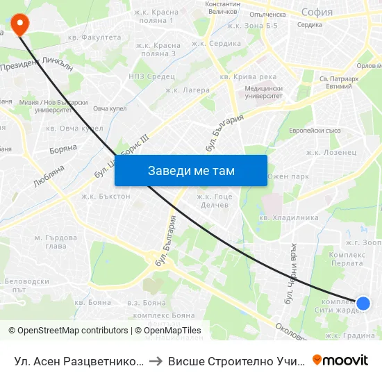 Ул. Асен Разцветников / Asen Raztsvetnikov St. to Висше Строително Училище ""Любен Каравелов"" map
