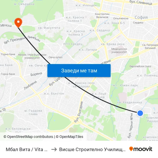 Мбал Вита / Vita Hospital (2784) to Висше Строително Училище ""Любен Каравелов"" map