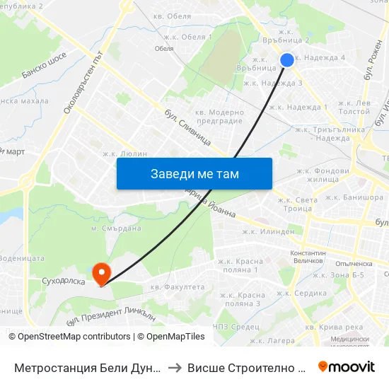 Ⓜ️ Метростанция Бели Дунав / Beli Dunav Metro Station (6708) to Висше Строително Училище ""Любен Каравелов"" map