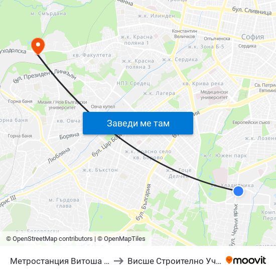 Метростанция Витоша / Vitosha Metro Station (0911) to Висше Строително Училище ""Любен Каравелов"" map