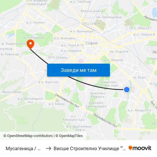 Мусагеница /  Musagenitsa to Висше Строително Училище ""Любен Каравелов"" map