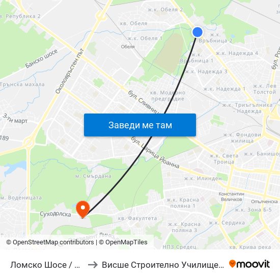 Ломско Шосе / Lomsko Shose to Висше Строително Училище ""Любен Каравелов"" map