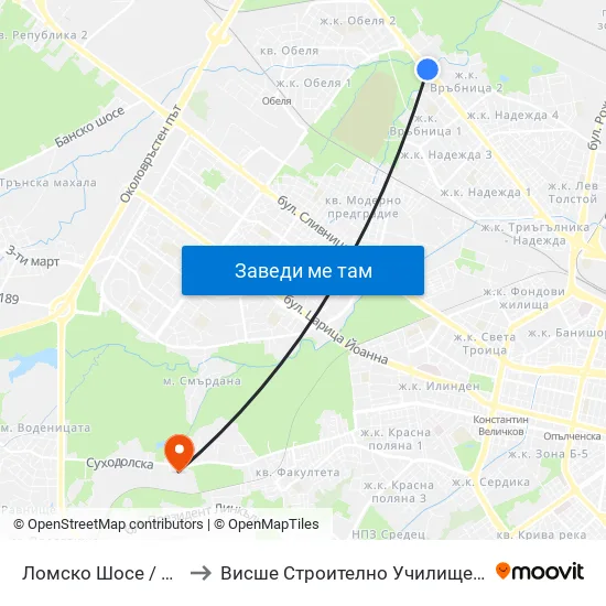 Ломско Шосе / Lomsko Shose to Висше Строително Училище ""Любен Каравелов"" map