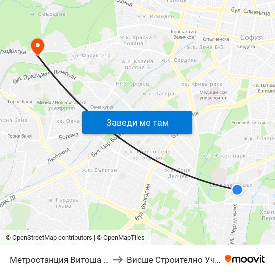 Метростанция Витоша / Vitosha Metro Station (0910) to Висше Строително Училище ""Любен Каравелов"" map