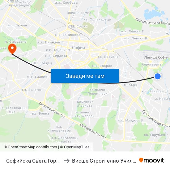 Софийска Света Гора /  Sofiyska Sveta Gora to Висше Строително Училище ""Любен Каравелов"" map