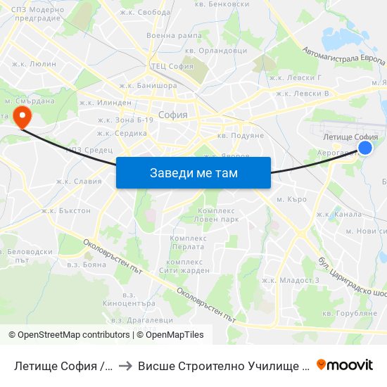 Летище София / Sofia Airport to Висше Строително Училище ""Любен Каравелов"" map