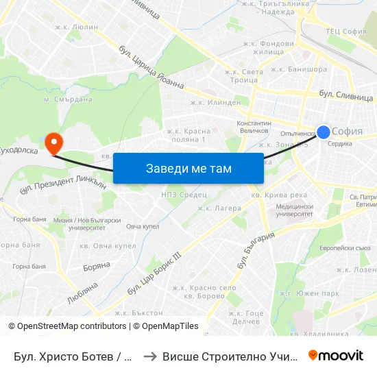 Бул. Христо Ботев / Hristo Botev Blvd. (6406) to Висше Строително Училище ""Любен Каравелов"" map