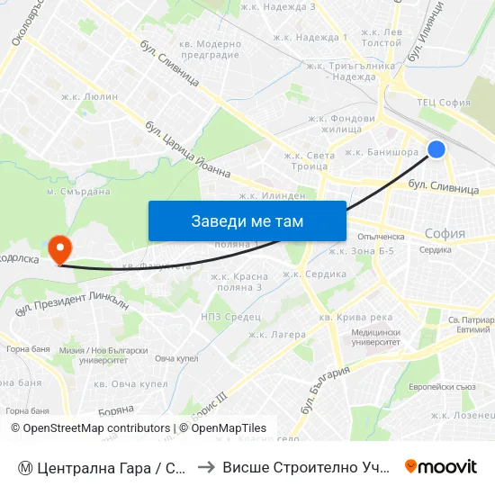 Ⓜ️ Централна Гара / Central Railway Station (1333) to Висше Строително Училище ""Любен Каравелов"" map