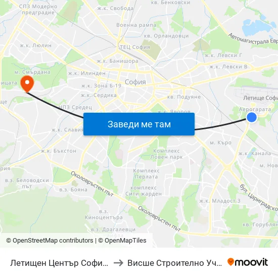 Летищен Център София / Sofia Airport Center (2798) to Висше Строително Училище ""Любен Каравелов"" map