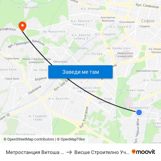 Метростанция Витоша / Vitosha Metro Station (0912) to Висше Строително Училище ""Любен Каравелов"" map