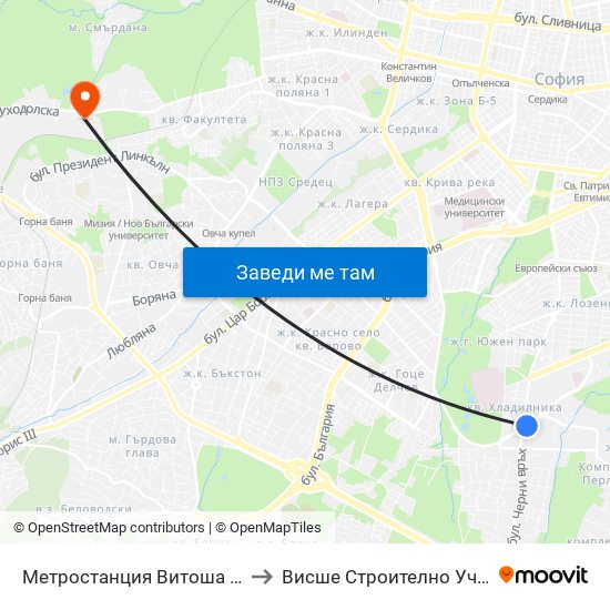 Ⓜ️ Метростанция Витоша / Vitosha Metro Station (0912) to Висше Строително Училище ""Любен Каравелов"" map
