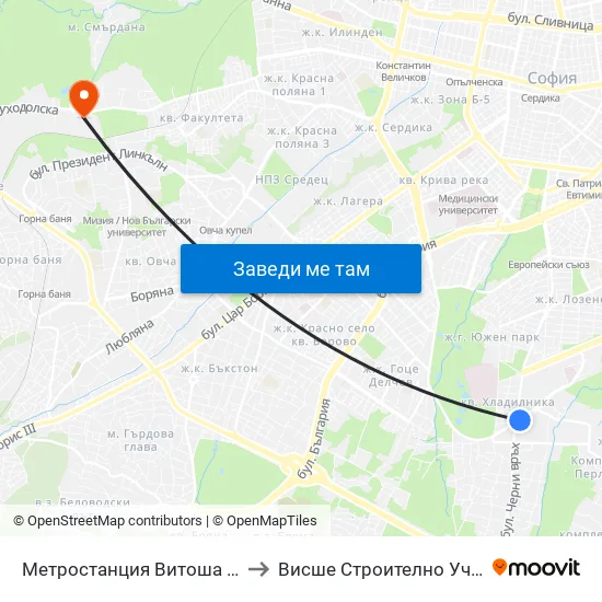 Ⓜ️ Метростанция Витоша / Vitosha Metro Station (0912) to Висше Строително Училище ""Любен Каравелов"" map