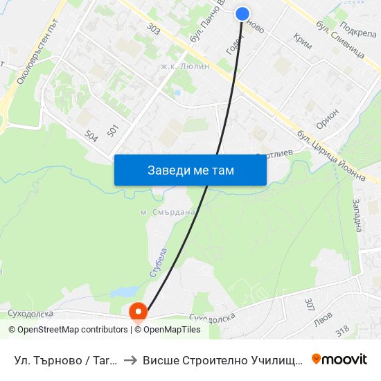 Ул. Търново / Tarnovo St. (2221) to Висше Строително Училище ""Любен Каравелов"" map