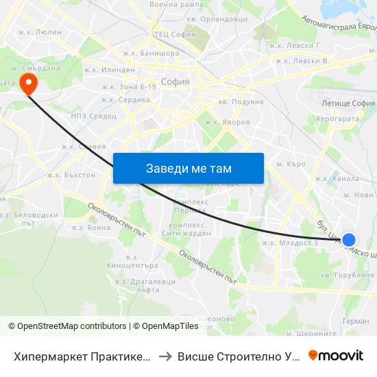 Хипермаркет Практикер / Praktiker Hypermarket (2409) to Висше Строително Училище ""Любен Каравелов"" map