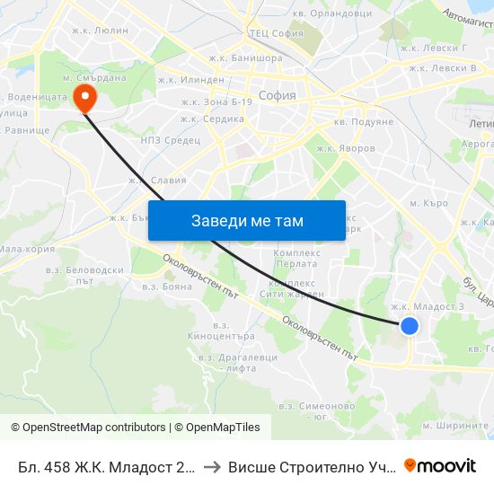 Бл. 458 Ж.К. Младост 2 / Bl. 458, Mladost 2 Qr. (2754) to Висше Строително Училище ""Любен Каравелов"" map