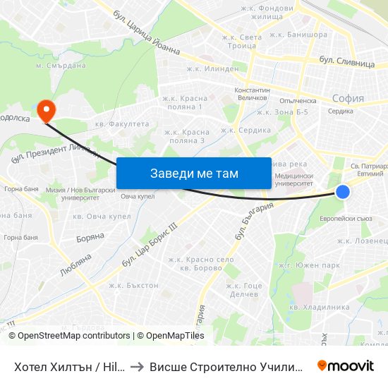 Хотел Хилтън / Hilton Hotel (0399) to Висше Строително Училище ""Любен Каравелов"" map