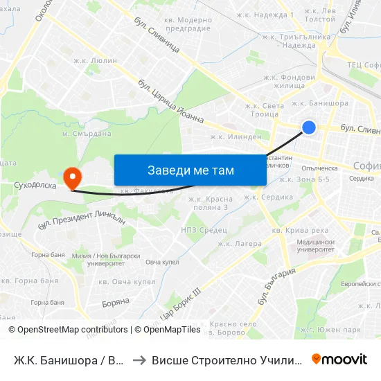 Ж.К. Банишора / Banishora Qr. (0804) to Висше Строително Училище ""Любен Каравелов"" map