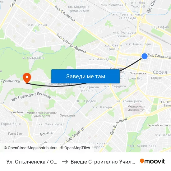 Ул. Опълченска / Opalchenska St. (2087) to Висше Строително Училище ""Любен Каравелов"" map