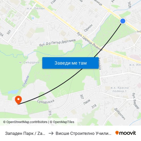 Западен Парк / Zapaden Park (1251) to Висше Строително Училище ""Любен Каравелов"" map