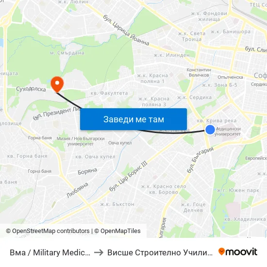 Вма / Military Medical Academy (0419) to Висше Строително Училище ""Любен Каравелов"" map