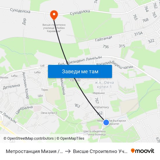 Метростанция Мизия / Moesia Metro Station (6089) to Висше Строително Училище ""Любен Каравелов"" map