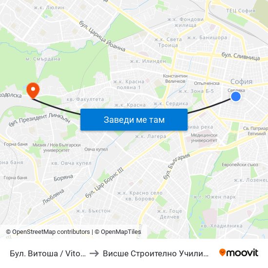 Бул. Витоша / Vitosha Blvd. (2825) to Висше Строително Училище ""Любен Каравелов"" map