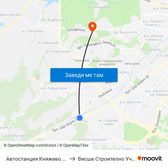 Автостанция Княжево / Knyazhevo Bus Station (6035) to Висше Строително Училище ""Любен Каравелов"" map