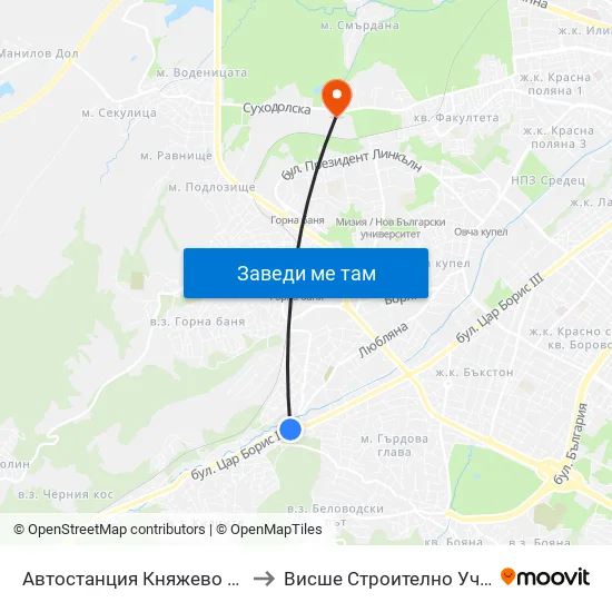 🚌 Автостанция Княжево / Knyazhevo Bus Station (6035) to Висше Строително Училище ""Любен Каравелов"" map