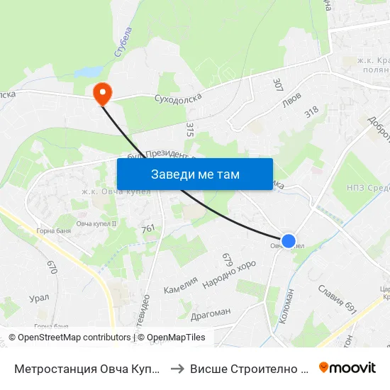 Ⓜ️ Метростанция Овча Купел / Ovcha Kupel Metro Station (6038) to Висше Строително Училище ""Любен Каравелов"" map