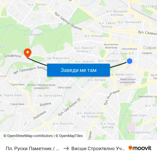 Пл. Руски Паметник / Russian Monument Sq. (1300) to Висше Строително Училище ""Любен Каравелов"" map