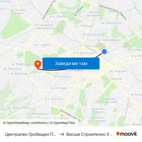 Централен Гробищен Парк / Sofia City Cemetery (2332) to Висше Строително Училище ""Любен Каравелов"" map