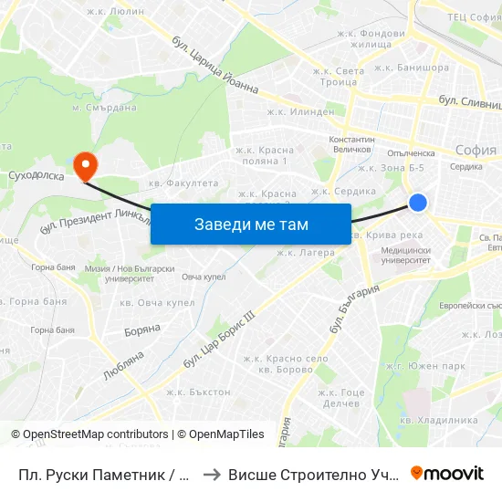 Пл. Руски Паметник / Russian Monument Sq. (1297) to Висше Строително Училище ""Любен Каравелов"" map