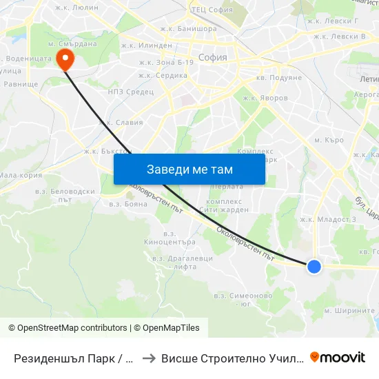Резиденшъл Парк / Residential Park (2839) to Висше Строително Училище ""Любен Каравелов"" map