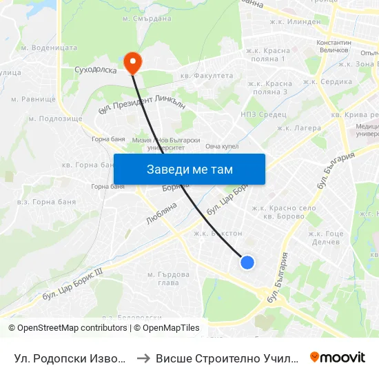 Ул. Родопски Извор / Rodopski Izvor St. to Висше Строително Училище ""Любен Каравелов"" map