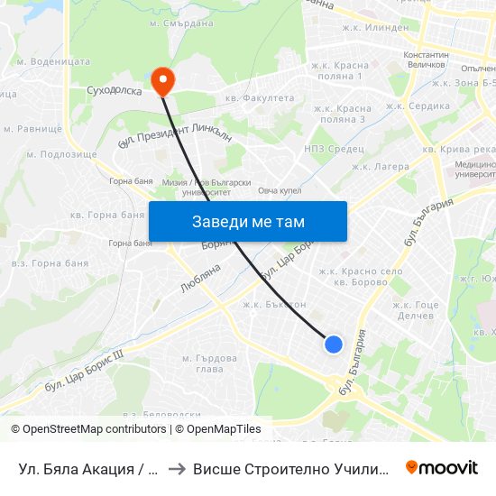 Ул. Бяла Акация / Byala Akatsiya St. to Висше Строително Училище ""Любен Каравелов"" map