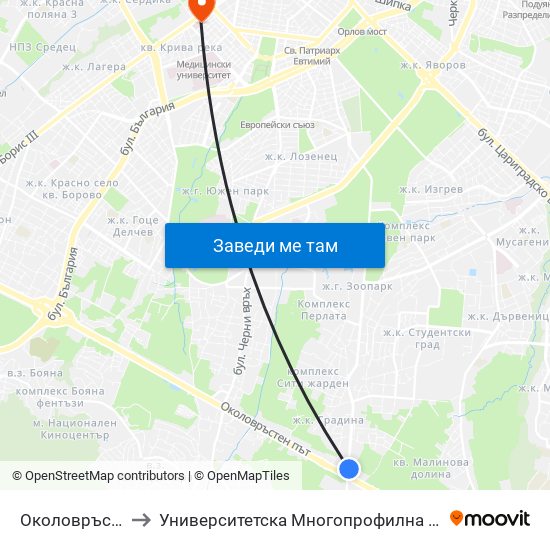 Околовръстен Път / Ring Road (1175) to Университетска Многопрофилна Болница За Активно Лечение И Спешна Медицина ""Н. И. Пирогов"" map