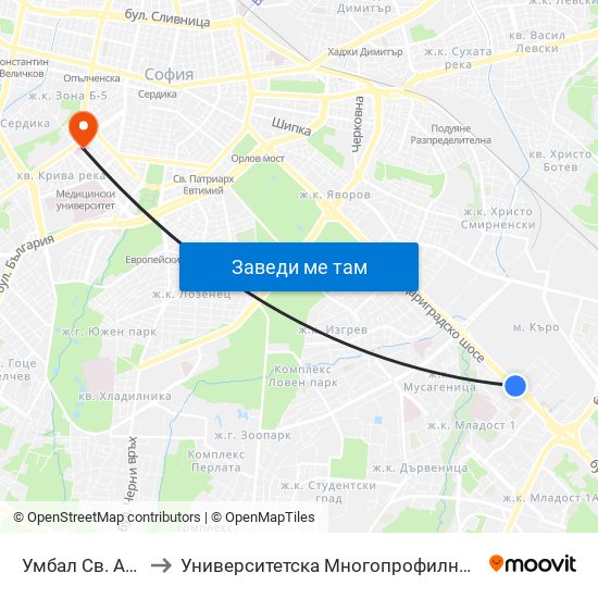 Умбал Св. Анна / St. Anna Hospital (1196) to Университетска Многопрофилна Болница За Активно Лечение И Спешна Медицина ""Н. И. Пирогов"" map