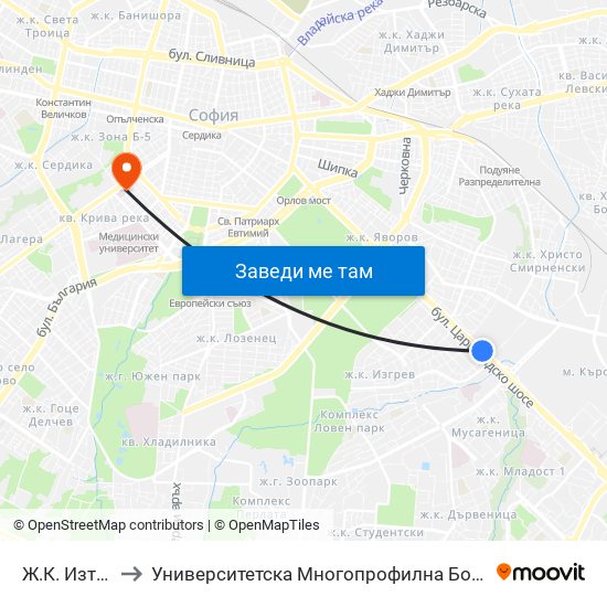 Ж.К. Изток / Iztok Qr (1695) to Университетска Многопрофилна Болница За Активно Лечение И Спешна Медицина ""Н. И. Пирогов"" map