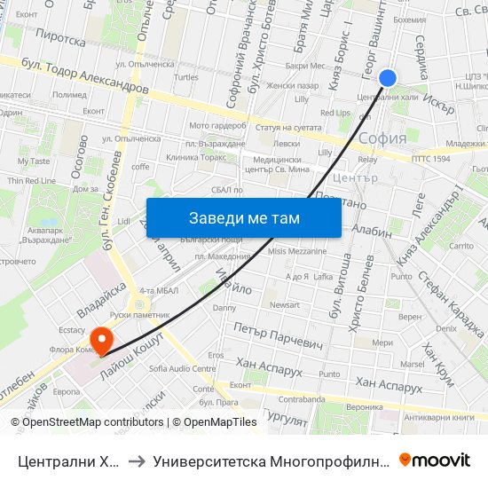 Централни Хали / Central Market Hall (2337) to Университетска Многопрофилна Болница За Активно Лечение И Спешна Медицина ""Н. И. Пирогов"" map