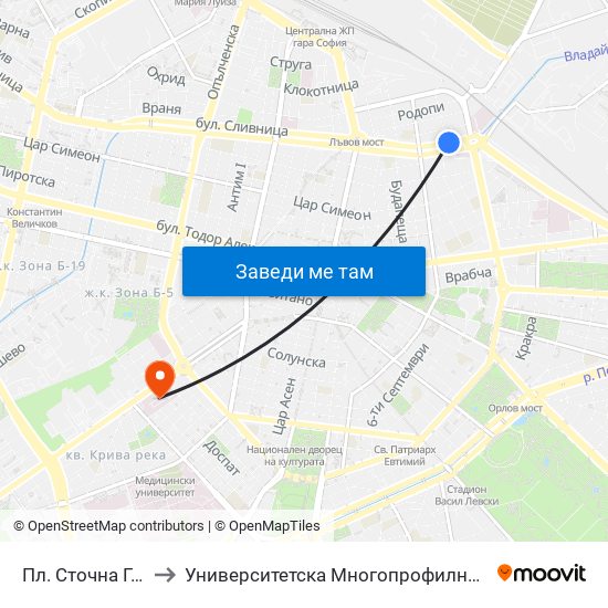 Пл. Сточна Гара / Stochna Gara Sq. (1311) to Университетска Многопрофилна Болница За Активно Лечение И Спешна Медицина ""Н. И. Пирогов"" map