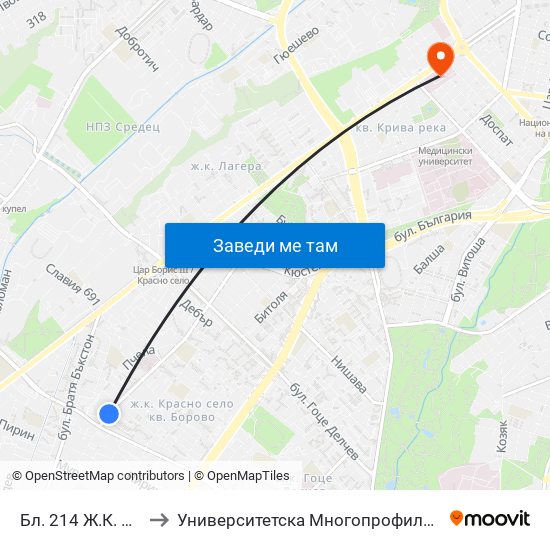 Бл. 214 Ж.К. Борово / Bl. 214, Borovo Qr. (0164) to Университетска Многопрофилна Болница За Активно Лечение И Спешна Медицина ""Н. И. Пирогов"" map
