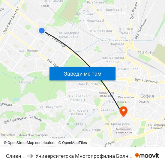 Сливница / Slivnitsa to Университетска Многопрофилна Болница За Активно Лечение И Спешна Медицина ""Н. И. Пирогов"" map