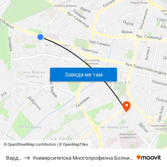 Вардар / Vardar to Университетска Многопрофилна Болница За Активно Лечение И Спешна Медицина ""Н. И. Пирогов"" map