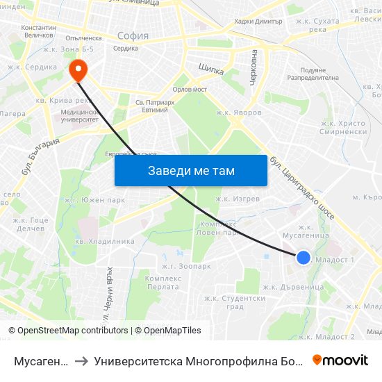 Мусагеница /  Musagenitsa to Университетска Многопрофилна Болница За Активно Лечение И Спешна Медицина ""Н. И. Пирогов"" map
