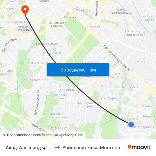 Акад. Александър Теодоров - Балан / Akademik Aleksandar Teodorov - Balan to Университетска Многопрофилна Болница За Активно Лечение И Спешна Медицина ""Н. И. Пирогов"" map