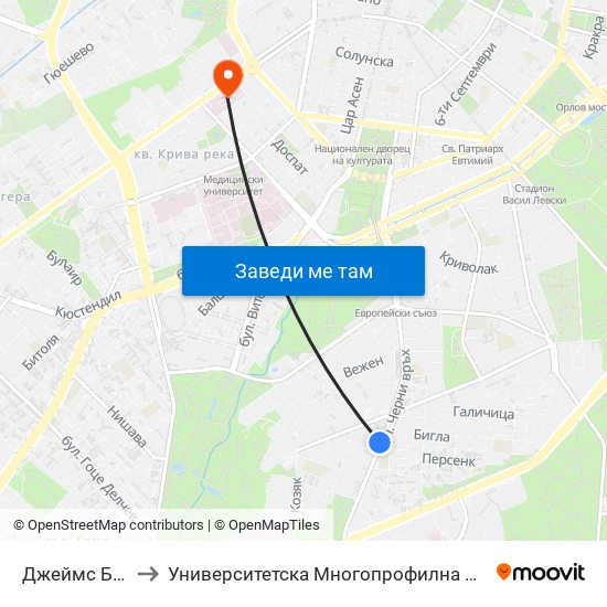 Джеймс Баучер / James Bourchier to Университетска Многопрофилна Болница За Активно Лечение И Спешна Медицина ""Н. И. Пирогов"" map