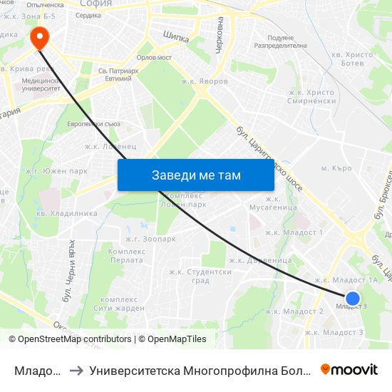 Младост-3 / Mladost 3 to Университетска Многопрофилна Болница За Активно Лечение И Спешна Медицина ""Н. И. Пирогов"" map