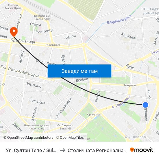 Ул. Султан Тепе / Sultan Tepe St. (2194) to Столичната Регионална Здравна Инспекция map