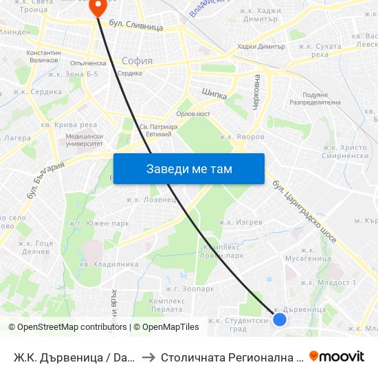 Ж.К. Дървеница / Darvenitsa Qr. (0800) to Столичната Регионална Здравна Инспекция map